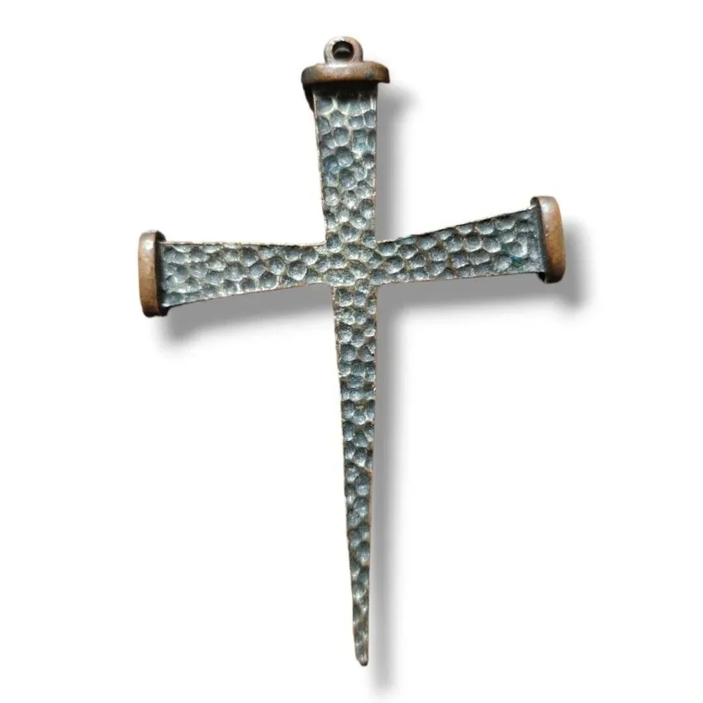 Vintage Hammered Cross Pendant Textured Matte Finish Copper Accents 2.5